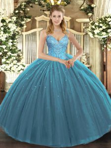 Fine Floor Length Teal Quince Ball Gowns Tulle Sleeveless Beading