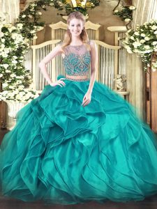 Floor Length Two Pieces Sleeveless Teal Quince Ball Gowns Lace Up