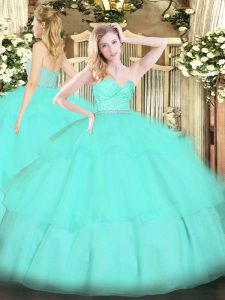 Sweetheart Sleeveless Tulle Quinceanera Gowns Beading and Lace and Ruffled Layers Zipper