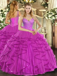 Flare Fuchsia V-neck Neckline Beading and Ruffles Quince Ball Gowns Sleeveless Lace Up