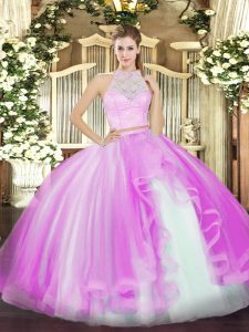 Sophisticated Lace and Ruffles Quince Ball Gowns Lilac Zipper Sleeveless Floor Length