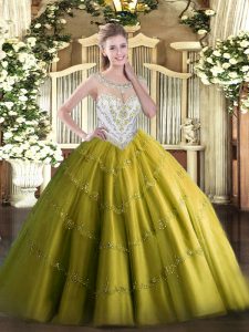 Suitable Sleeveless Tulle Floor Length Zipper 15 Quinceanera Dress in Olive Green with Beading and Appliques