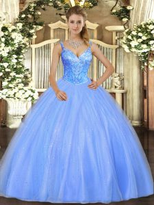 Luxurious Blue Sweet 16 Quinceanera Dress Military Ball and Sweet 16 and Quinceanera with Beading V-neck Sleeveless Lace Up