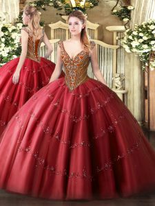 Spectacular V-neck Sleeveless Quinceanera Gowns Floor Length Beading and Appliques Red Tulle
