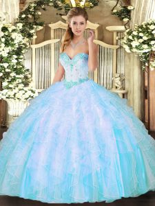 High Class Aqua Blue Sleeveless Floor Length Beading and Ruffles Lace Up Sweet 16 Dress