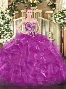 Suitable Fuchsia Sweetheart Neckline Beading and Ruffles 15th Birthday Dress Sleeveless Lace Up