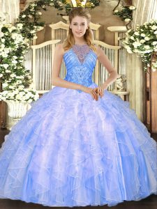 Blue Sleeveless Organza Lace Up Quinceanera Dress for Military Ball and Sweet 16 and Quinceanera