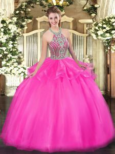 Simple Hot Pink Halter Top Neckline Beading and Ruffles Quinceanera Dress Sleeveless Lace Up