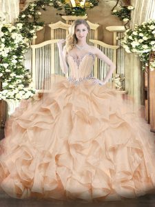 Peach Sleeveless Organza Lace Up Sweet 16 Dresses for Military Ball and Sweet 16 and Quinceanera