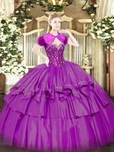 Glorious Fuchsia Lace Up Sweetheart Beading and Ruffled Layers Quinceanera Dresses Organza and Taffeta Sleeveless