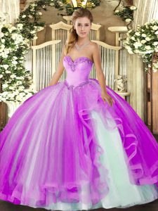 Romantic Sleeveless Floor Length Beading and Ruffles Lace Up Sweet 16 Quinceanera Dress with Lilac