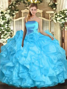 Fashion Aqua Blue Strapless Lace Up Ruffles 15th Birthday Dress Sleeveless