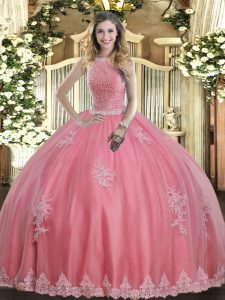 High-neck Sleeveless Lace Up Vestidos de Quinceanera Baby Pink Tulle