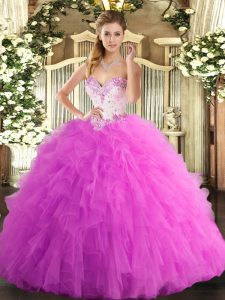 Fashionable Rose Pink Sleeveless Tulle Lace Up Ball Gown Prom Dress for Military Ball and Sweet 16 and Quinceanera