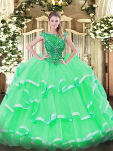 Floor Length Apple Green Quinceanera Gown Organza Sleeveless Beading and Ruffled Layers