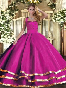 Floor Length Lace Up Quinceanera Dress Fuchsia for Military Ball and Sweet 16 and Quinceanera with Ruffled Layers