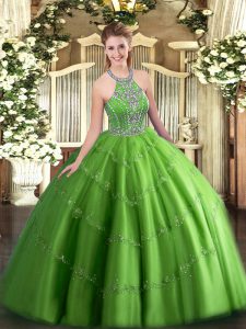 Ball Gowns Quinceanera Dress Halter Top Tulle Sleeveless Floor Length Lace Up