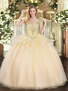 Deluxe Floor Length Lace Up Quinceanera Dress Champagne for Military Ball and Sweet 16 and Quinceanera with Beading