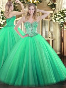 Fine Turquoise Tulle Lace Up Ball Gown Prom Dress Sleeveless Floor Length Beading