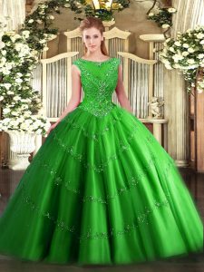 Customized Scoop Sleeveless Zipper 15 Quinceanera Dress Green Tulle