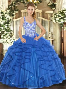 Blue Ball Gowns Tulle Straps Sleeveless Beading and Appliques and Ruffles Floor Length Lace Up Quinceanera Dresses