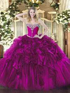 Fuchsia Ball Gown Prom Dress Military Ball and Sweet 16 and Quinceanera with Beading and Ruffles Sweetheart Sleeveless Lace Up