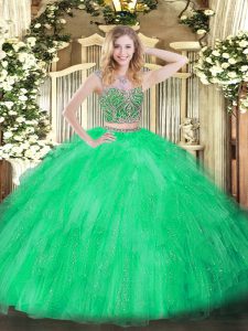 Green Tulle Lace Up Scoop Sleeveless Floor Length Quinceanera Gown Beading and Ruffles