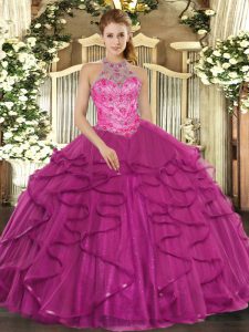 Tulle Halter Top Sleeveless Lace Up Beading and Ruffles Quinceanera Gowns in Fuchsia