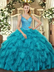 Floor Length Ball Gowns Sleeveless Teal Sweet 16 Dresses Lace Up