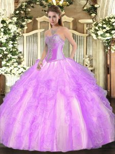 Nice Lilac Lace Up Sweetheart Beading and Ruffles Quinceanera Gowns Tulle Sleeveless