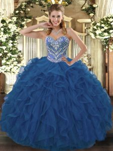 Blue Ball Gowns Sweetheart Sleeveless Tulle Floor Length Lace Up Beading and Ruffled Layers 15th Birthday Dress