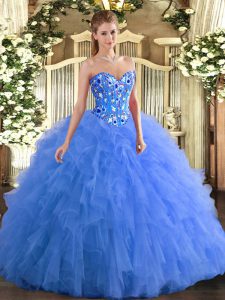 Clearance Blue Tulle Lace Up Sweet 16 Dresses Sleeveless Floor Length Embroidery and Ruffles