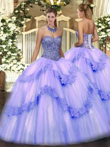 Beading and Appliques and Ruffles 15th Birthday Dress Lavender Lace Up Sleeveless Floor Length