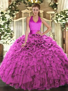 Captivating Fuchsia Halter Top Lace Up Ruffles Sweet 16 Dress Sleeveless
