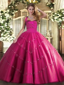 Glamorous Hot Pink Halter Top Lace Up Appliques Quinceanera Dress Sleeveless