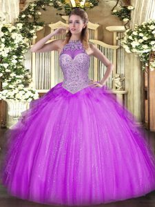 Great Lilac Ball Gowns Beading and Ruffles Sweet 16 Quinceanera Dress Lace Up Tulle Sleeveless Floor Length