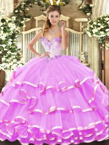 Lilac Sweetheart Lace Up Beading and Ruffled Layers Ball Gown Prom Dress Sleeveless