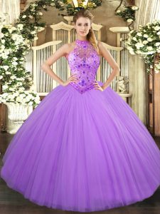 Captivating Lavender Ball Gowns Tulle Halter Top Sleeveless Beading and Embroidery Floor Length Lace Up Ball Gown Prom Dress