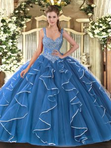 Custom Made Blue Sleeveless Tulle Lace Up Quinceanera Gowns for Military Ball and Sweet 16 and Quinceanera