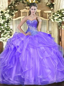 Eye-catching Organza Sweetheart Sleeveless Lace Up Beading and Ruffles Quince Ball Gowns in Lavender