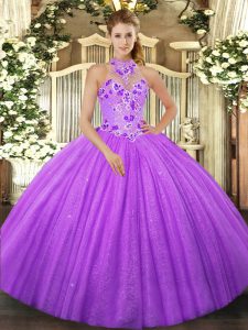 Lavender Lace Up Halter Top Beading Quinceanera Gowns Tulle Sleeveless