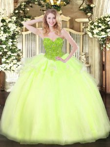 Enchanting Yellow Green Organza Lace Up Sweetheart Sleeveless Floor Length 15 Quinceanera Dress Beading