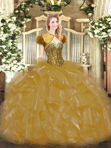 Delicate Sweetheart Sleeveless Lace Up Quinceanera Dress Gold Organza