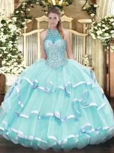 Apple Green Halter Top Neckline Beading and Ruffled Layers Quinceanera Gowns Sleeveless Lace Up