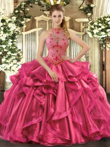 Trendy Hot Pink Ball Gown Prom Dress Sweet 16 and Quinceanera with Beading and Embroidery and Ruffles Halter Top Sleeveless Lace Up