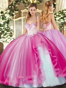 New Style Fuchsia Sleeveless Floor Length Beading and Ruffles Lace Up Quinceanera Dress