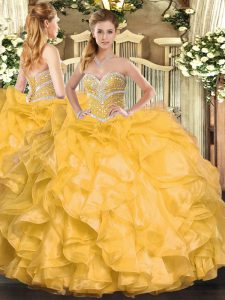 Modern Gold Organza Lace Up Quinceanera Gowns Sleeveless Floor Length Beading and Ruffles