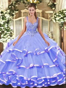 Floor Length Lavender Quinceanera Gowns Straps Sleeveless Lace Up