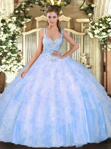 Artistic Light Blue Ball Gowns Beading 15th Birthday Dress Lace Up Tulle Sleeveless Floor Length