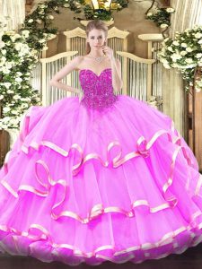 On Sale Fuchsia Organza Lace Up Sweetheart Sleeveless Floor Length Quinceanera Dresses Lace